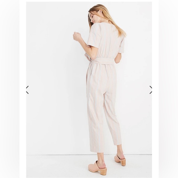 Madewell Linen Blend Puff Sleeve Striped Tapered Jumpsuit - Picture 3 of 11